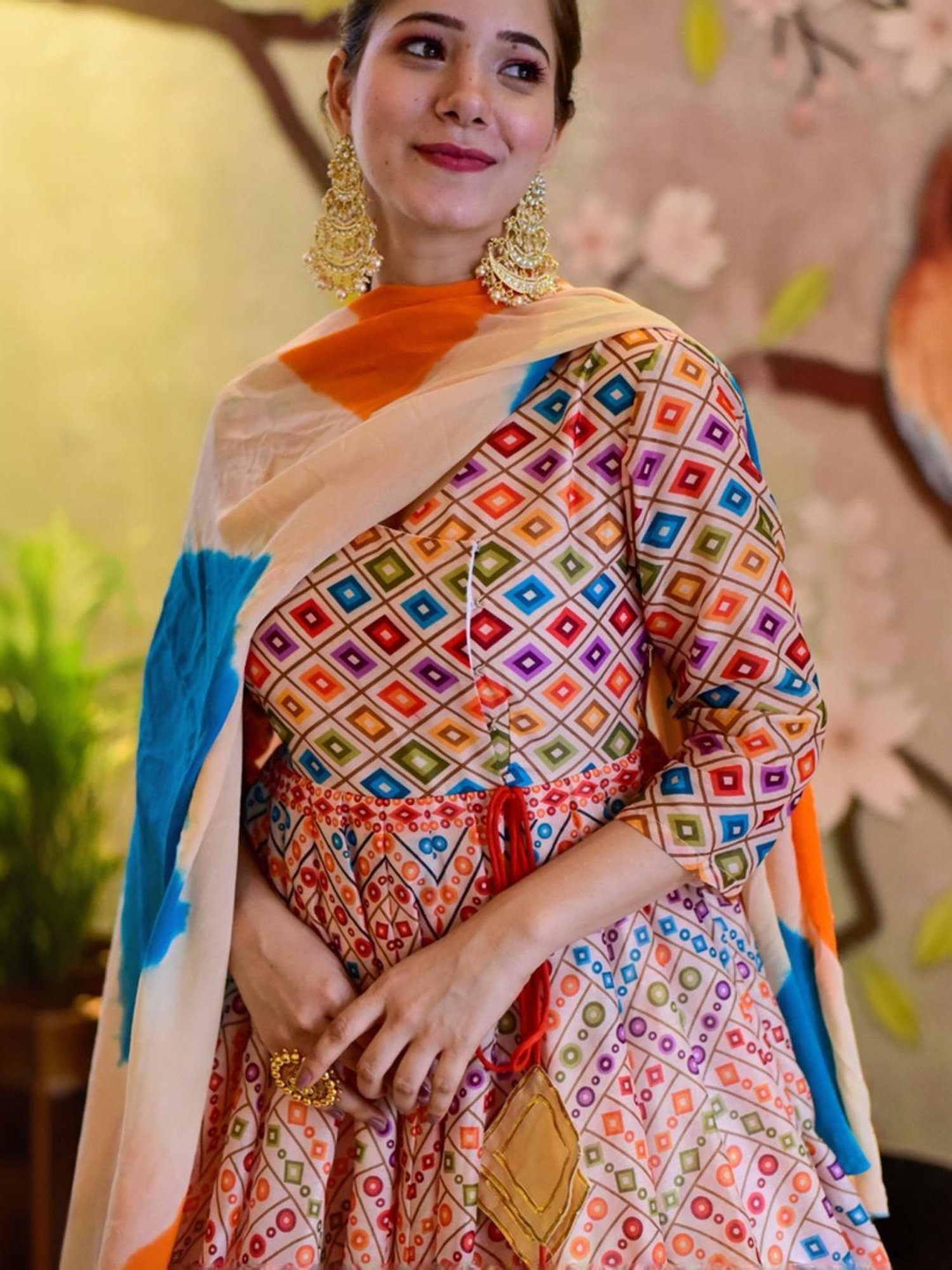 Odette Beige Printed Maxi Dress With Dupatta