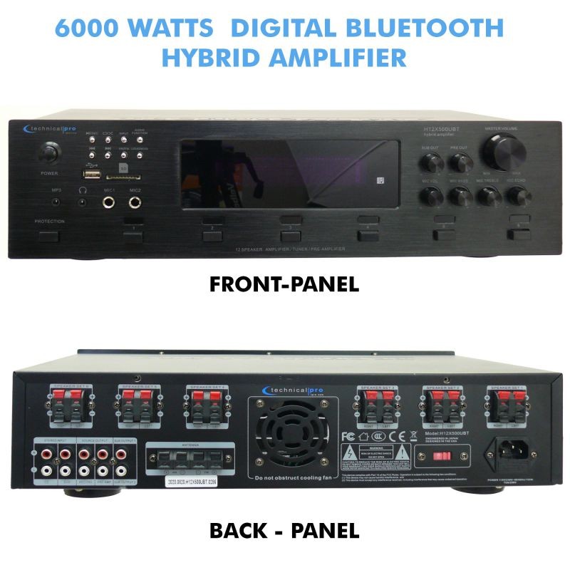 Technical Pro 6 Zone 6000 Watts Digital Bluetooth Hybrid Amplifier Preamp Tuner w/ Speaker USB and SD Card Output, 2 Mic Inputs, Balance control, Bass and Treble Controls