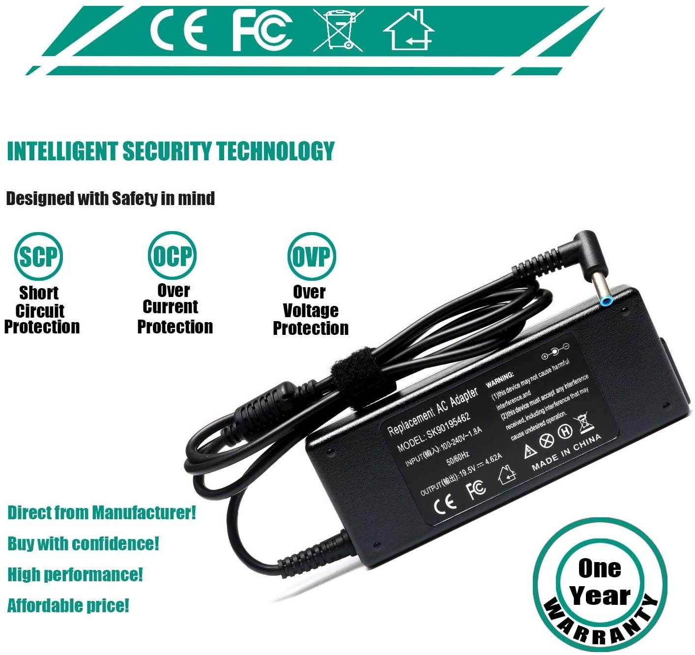 90W AC Adapter Laptop Charger for HP Pavilion 17 15 17-e110dx 17-e117dx 17-e118dx 17-e016dx 17-e119wm 17-e049wm 15-e043cl Envy 17 15 17-j153cl 17-j043cl 15-p214dx TouchSmart Power Supply Cord