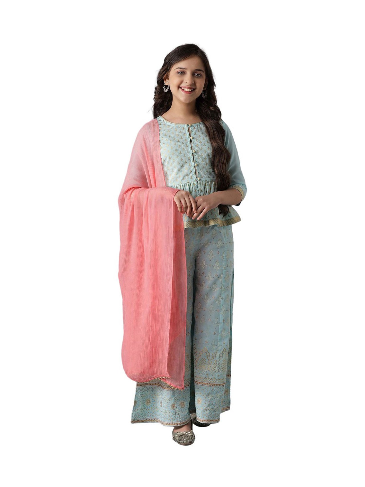 Aurelia Kids Blue & Pink Printed Short Kurta, Palazzos with Dupatta
