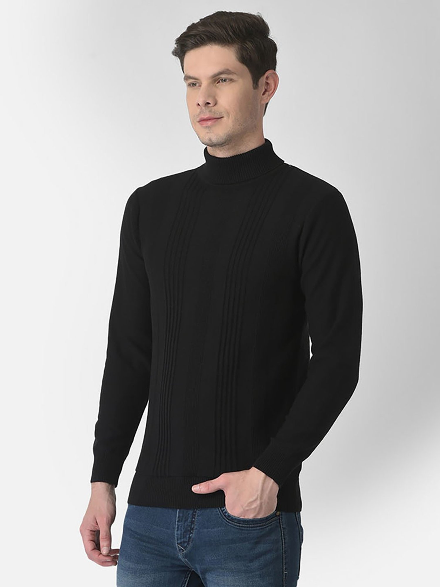 Turtle Black Cotton Regular Fit Self Desgin Sweater