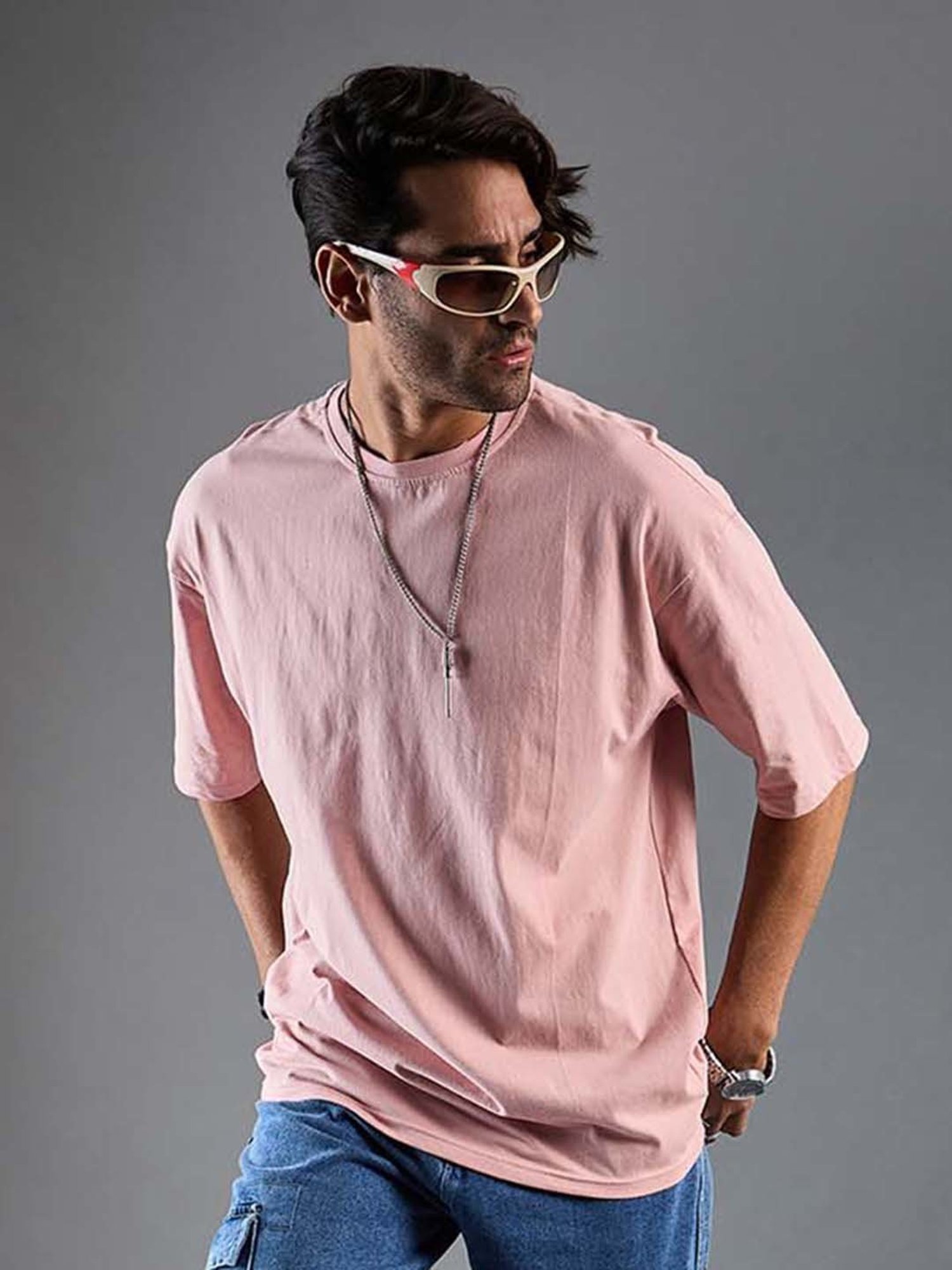 CHIMPAAANZEE Light Pink Loose Fit Oversized Crew T-Shirt