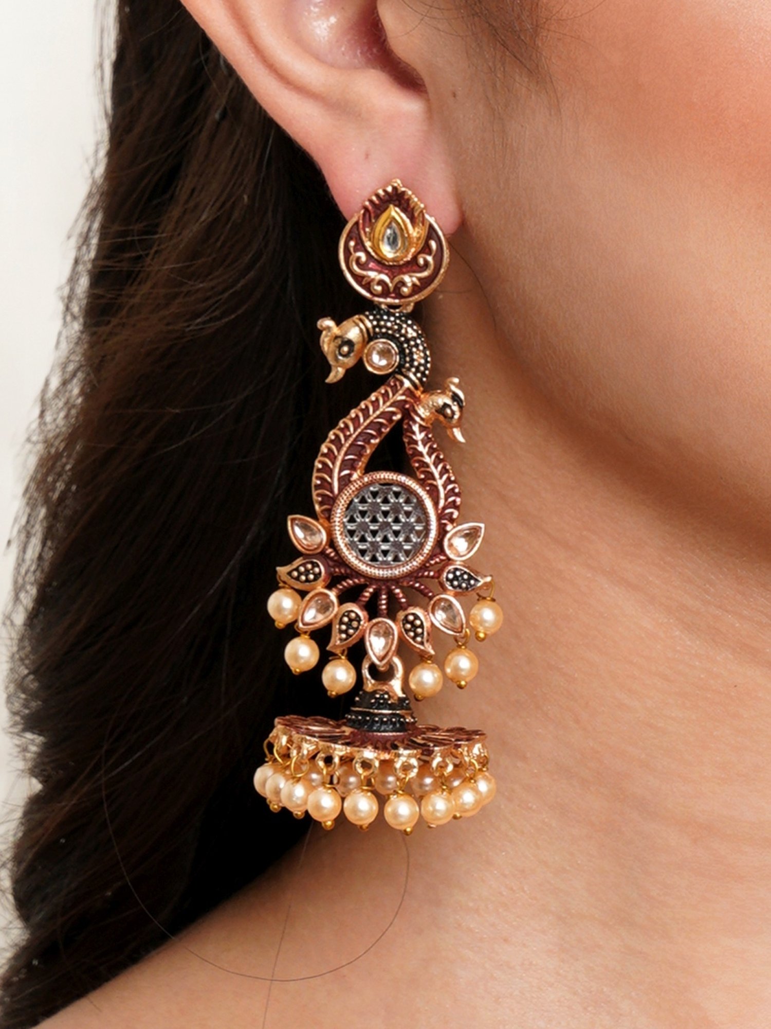 Karatcart Antique Gold-Plated Kundan Studded Maroon Meena Peacock Flat Jhumki Earrings for Women