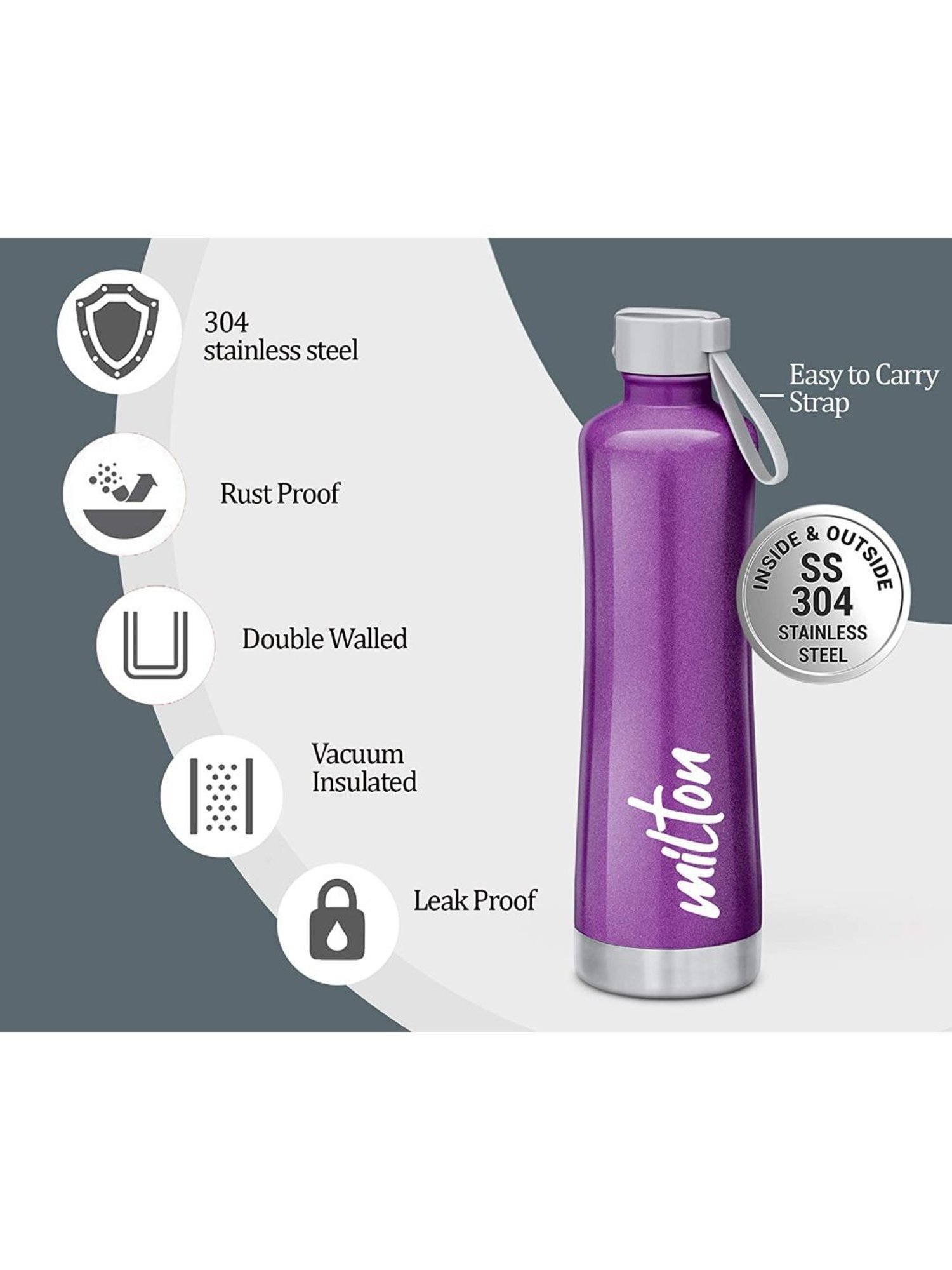 Milton Purple & Grey Stainless Steel 730 ML Water Bottle - Set of 1