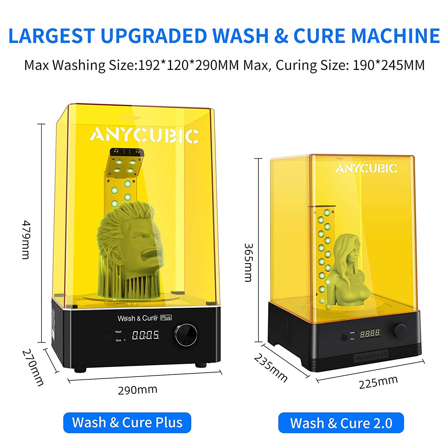 ANYCUBIC Wash and Cure Plus, Largest 2 in 1 Wash Cure Machine for Mono X Large LCD SLA 3D Printer Models with L-Shaped Strip Curing Light & Rotary Curing Platform and Washing Size 192mmx 120mmx 290mm