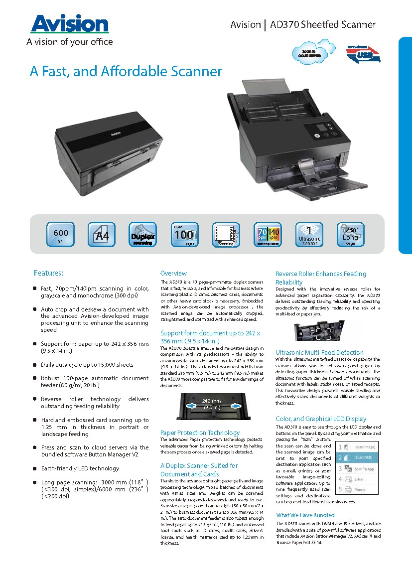 Avision - AD370 : Color Duplex Document Scanner 70ppm/140ipm, Up to 100 pages ADF, Daily duty cycle up to 15,000 sheets, USB 3.1, WiFi, 236" Long Page Scanning, Color, and Graphical LCD Display