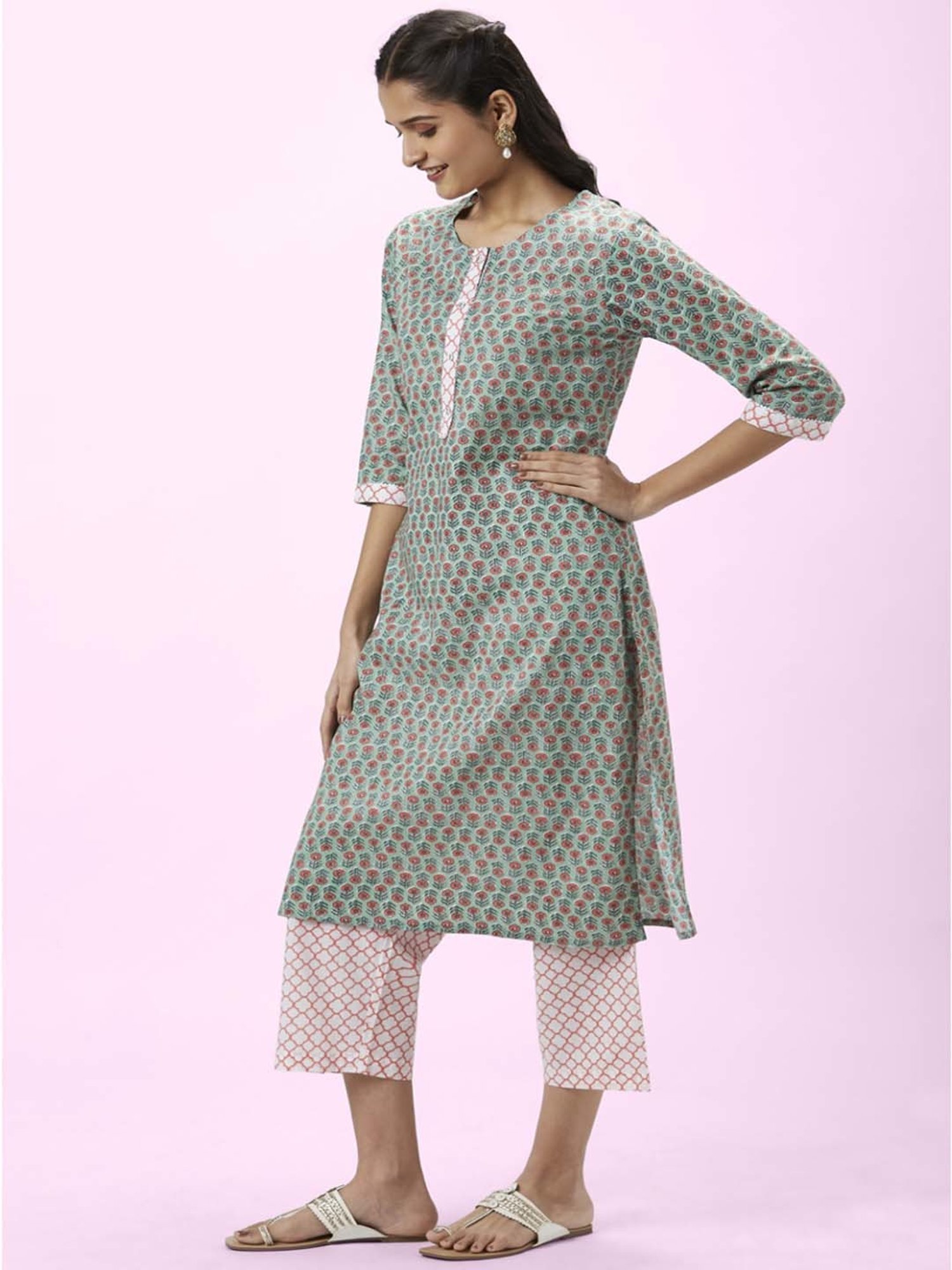 Rangmanch by Pantaloons Green & White Cotton Floral Print Kurta Palazzo Set