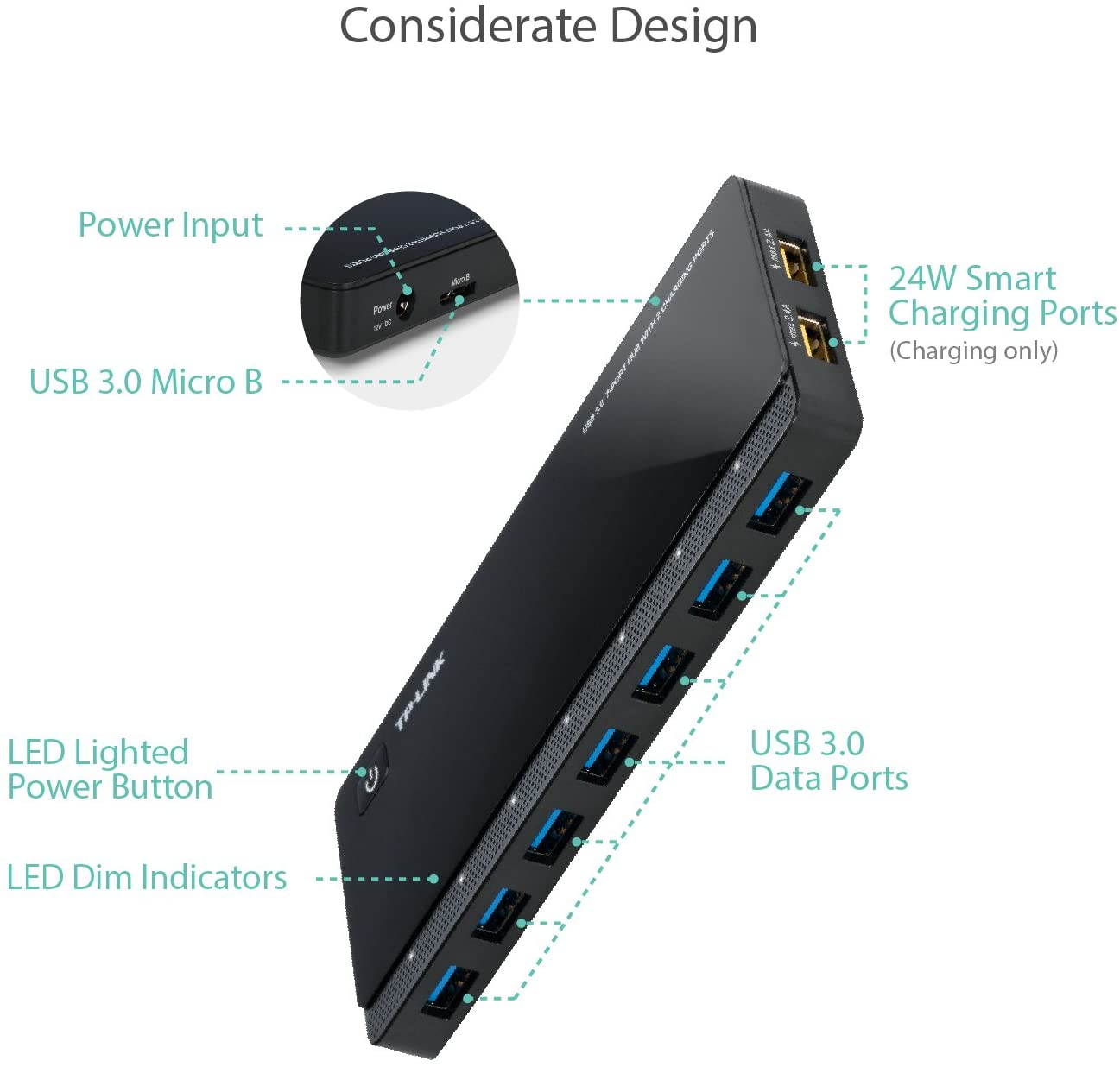 [2nd Gen]TP-Link 9-Port USB 3.0 Hub with 7 USB 3.0 Data Ports and 2 Smart Charging USB Ports. Compatible with Windows, Mac, Chrome & Linux OS, with Power On/Off Button (UH720)