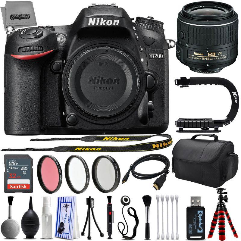 Nikon D7200 24.2MP 1080P DSLR Camera w/ 3.2" LCD - Wi-Fi & GPS Ready + Built in Flash - 6 fps + Nikon 18-55mm VR II Lens - 32GB -  25PC Kit