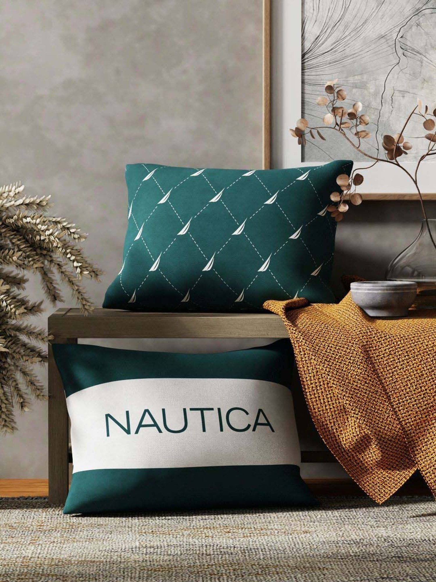 Nautica Logo Stripe Forest Green Microfibre 300 GSM Premium Cushion Covers - Set of 2