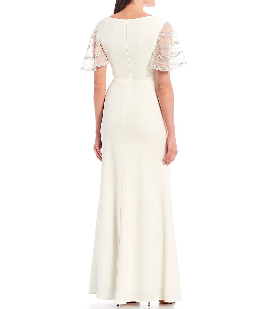 Betsy & Adam Beaded Flutter Sleeve Scuba Crepe Gown