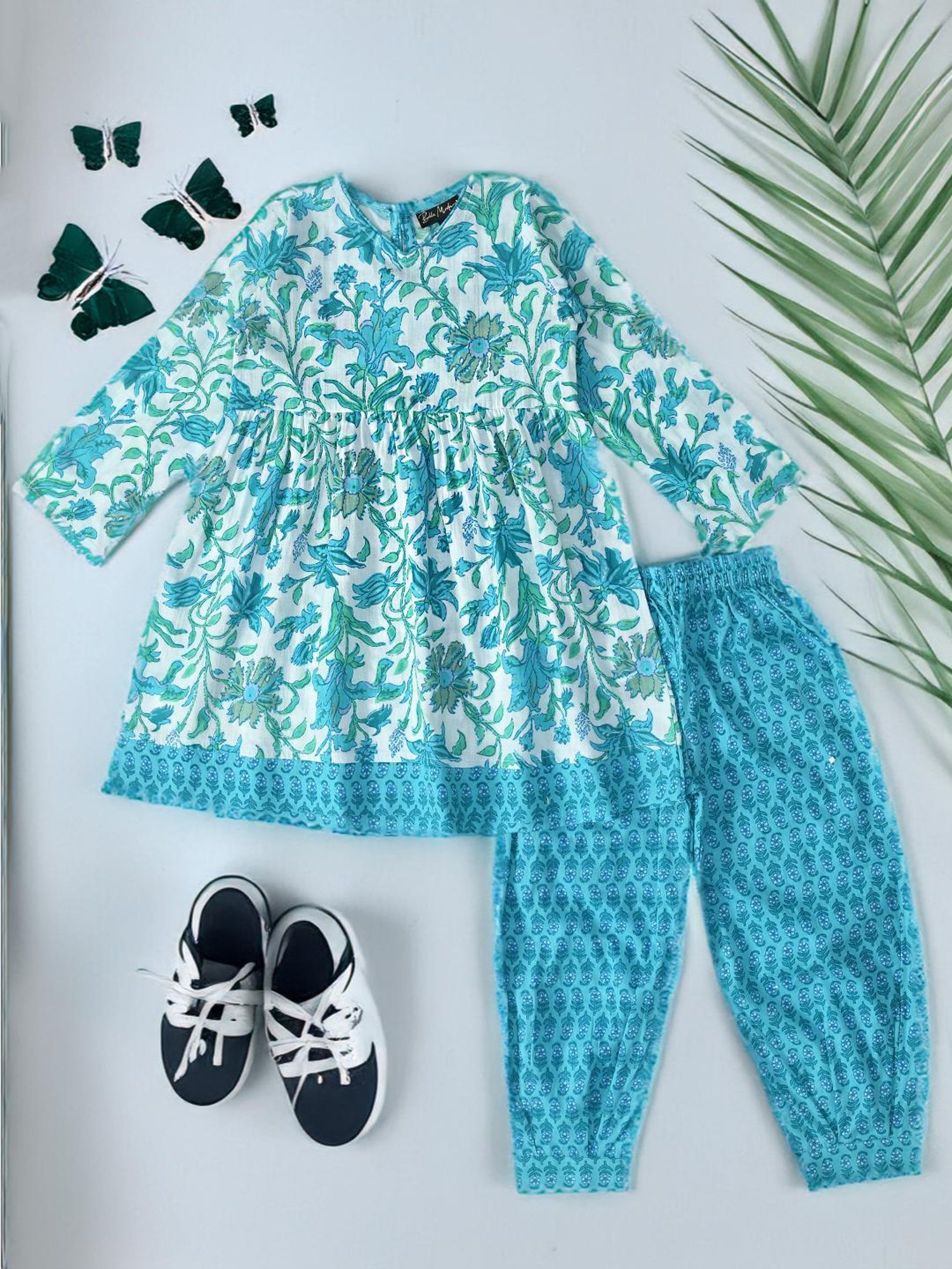 Bella Moda Kids Blue & White Printed Full Sleeves Kurti with Pants