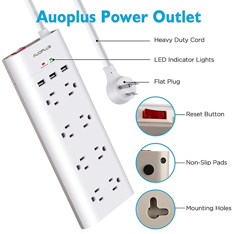 Power Strip with USB,  Surge Protector with 8 Outlets and 3 USB Ports 6Ft Extension Cord Flat Plug/Wall Mountable Grounded, Desktop Charging Station for Computer Laptops Smartphone Home Office