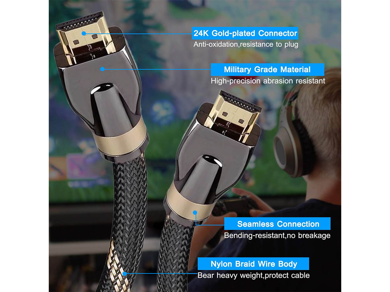 Ultra High Speed HDMI Cable AM To AM, Dynamic HDR 3M (10ft)4K 120Hz,48Gbps, Dolby Vision Standard 19P Copper Conductor, Gold Plated Nylon Braid HDMI , OD 8.5mm, Gold Plated Connector, With Dust Cap