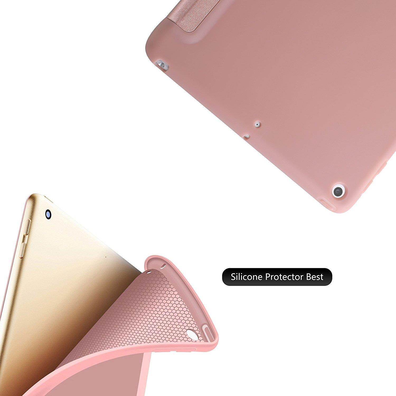 iPad Air 2 - 9.7 Inch 2014 Case Soft Silicone Back (?For Extra Shock Protection) TriFold Ultra Slim Smart Cover Auto Sleep / Wake, MultiAngle Stand [iPad Air 2nd Gen 9.7&rdquo; ]? Soft Back- Rose Gold