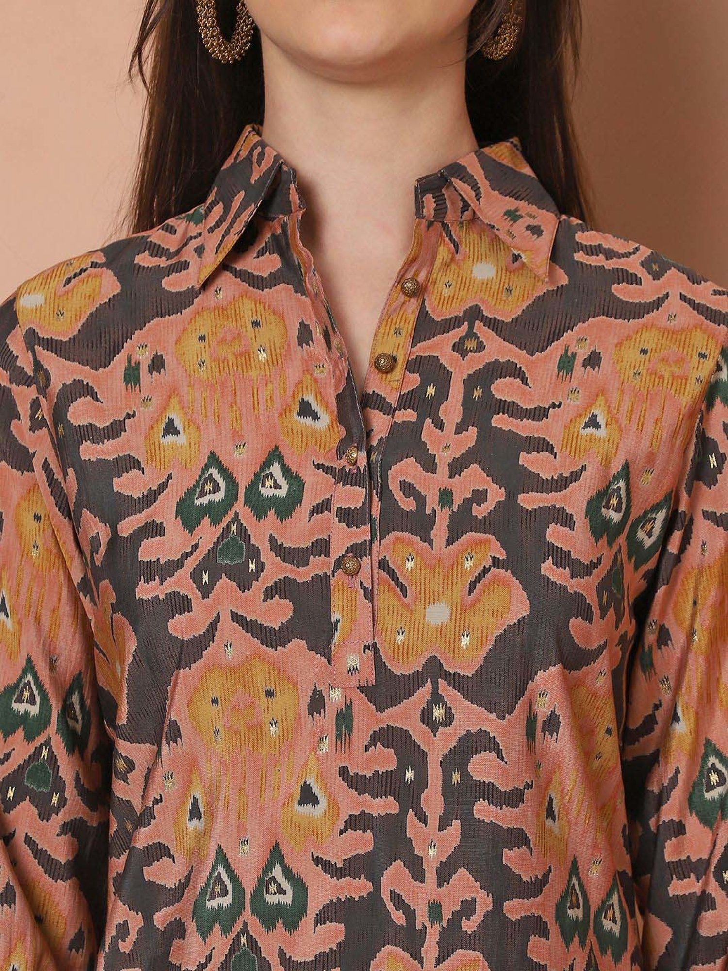 Claura Peach & Brown Printed Top Salwar Set