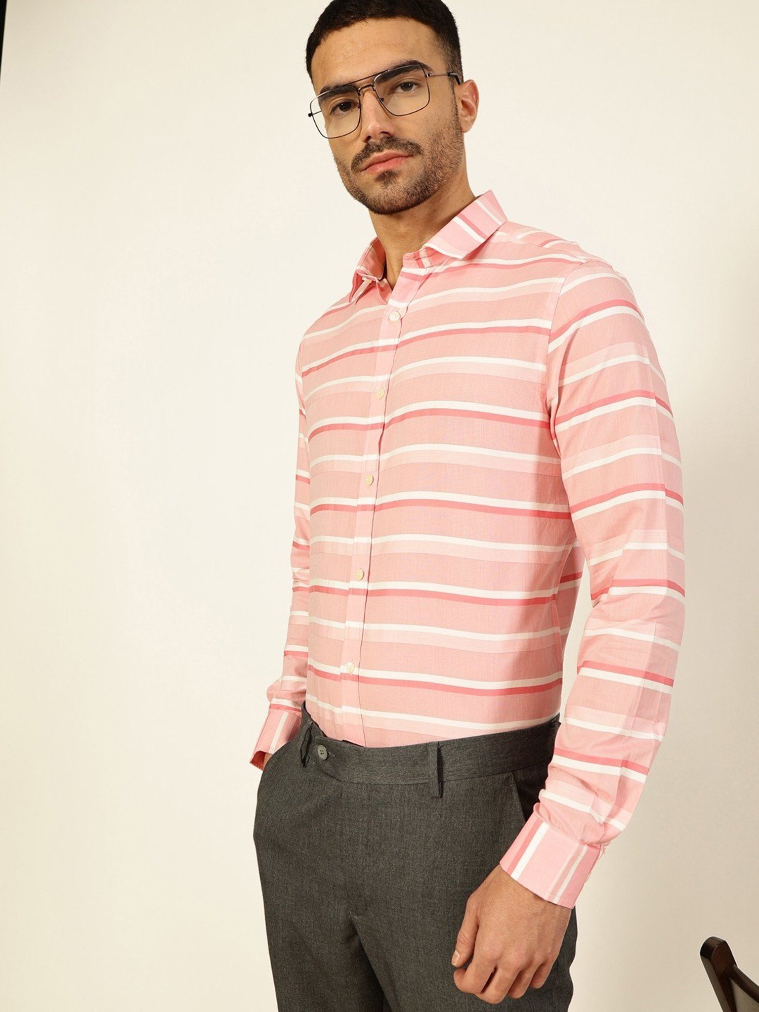 Thomas Scott Medium Pink Cotton Regular Fit Striped Shirt