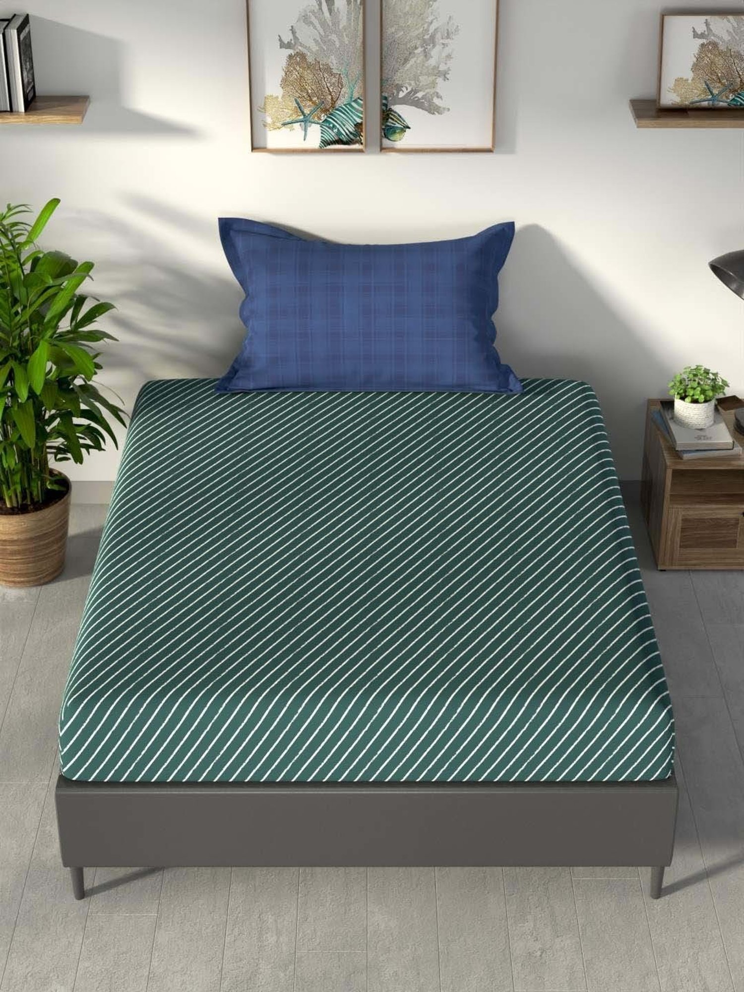 NAUTICA Pacific Coast Green & White Cotton 160 TC Single Bedsheet with Pillow Cover