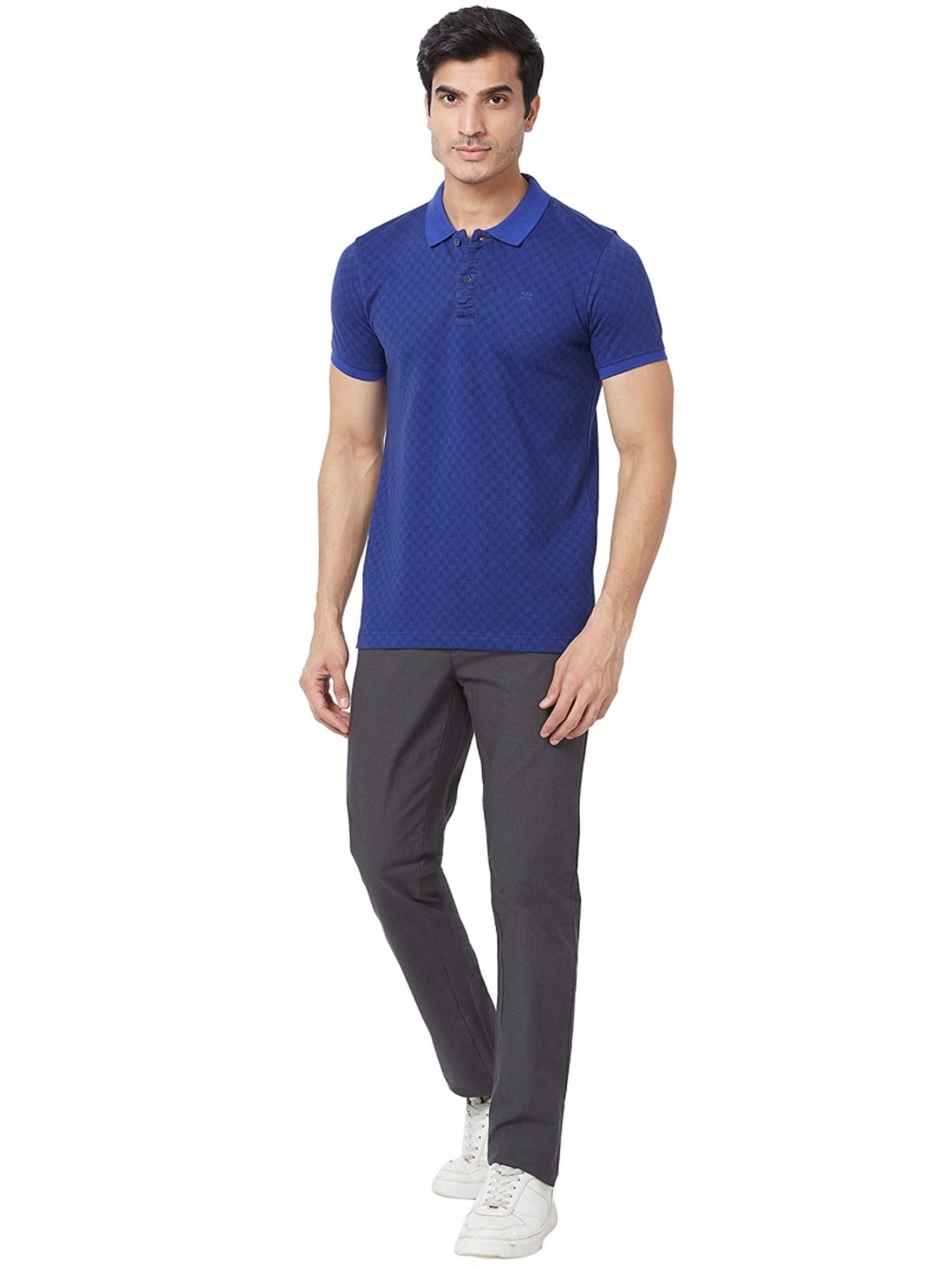 ColorPlus Blue Cotton Tailored Fit Checks Polo T-Shirt