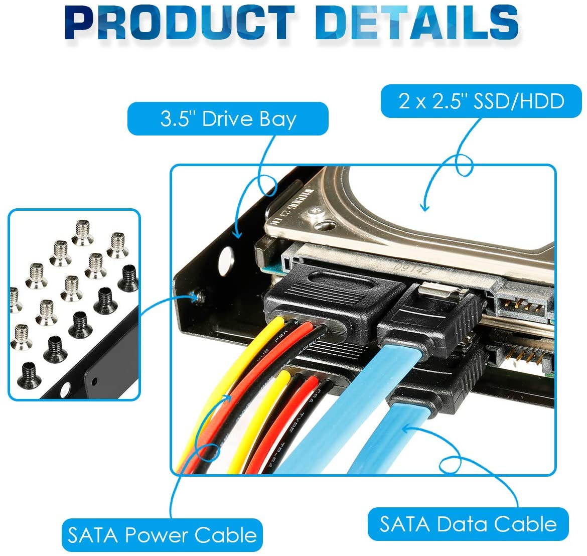 SSD/HDD Metal Mounting Bracket kit, Convert Any 2.5 inch Solid State Drive/HDD Into One 3.5 inch Drive Bay (2 x 2.5 HDD/SSD to 3.5 Black)