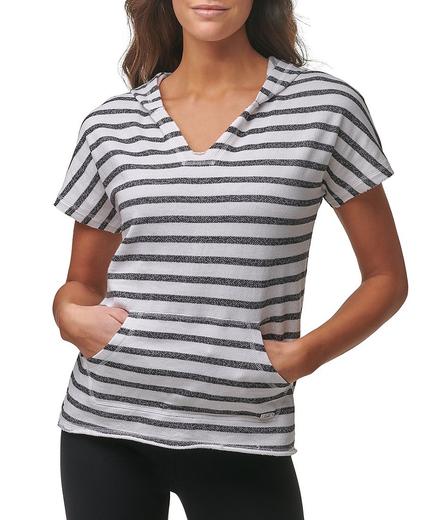 Marc New York Stripe French Terry Short Sleeve Hooded V-Neck Pullover Top