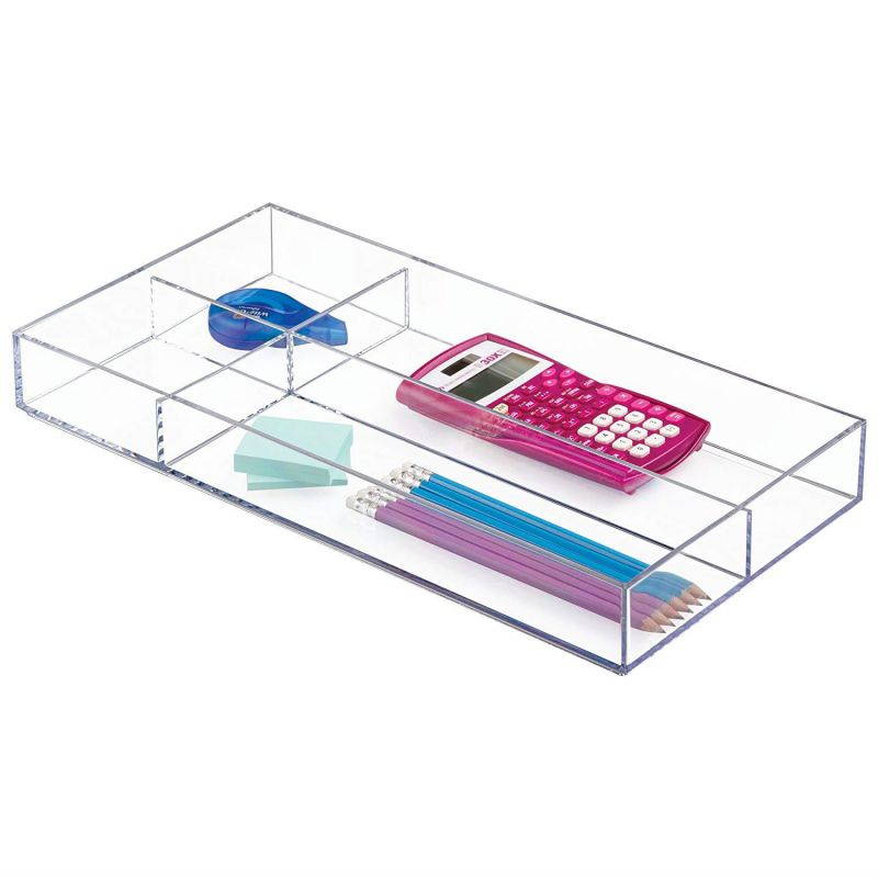 mDesign Office Supplies Desk Drawer Organizer for Scissors, Pens, Markers, Highlighters, Tape - 8" x 16" x 2", Clear