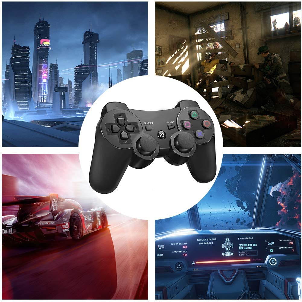 Controller Replacement for PS-3 Controller, Wireless Move/Motion Controller Gamepad with Upgraded Joystick Compatible with Play-Station 3 (Black) 2 Pack