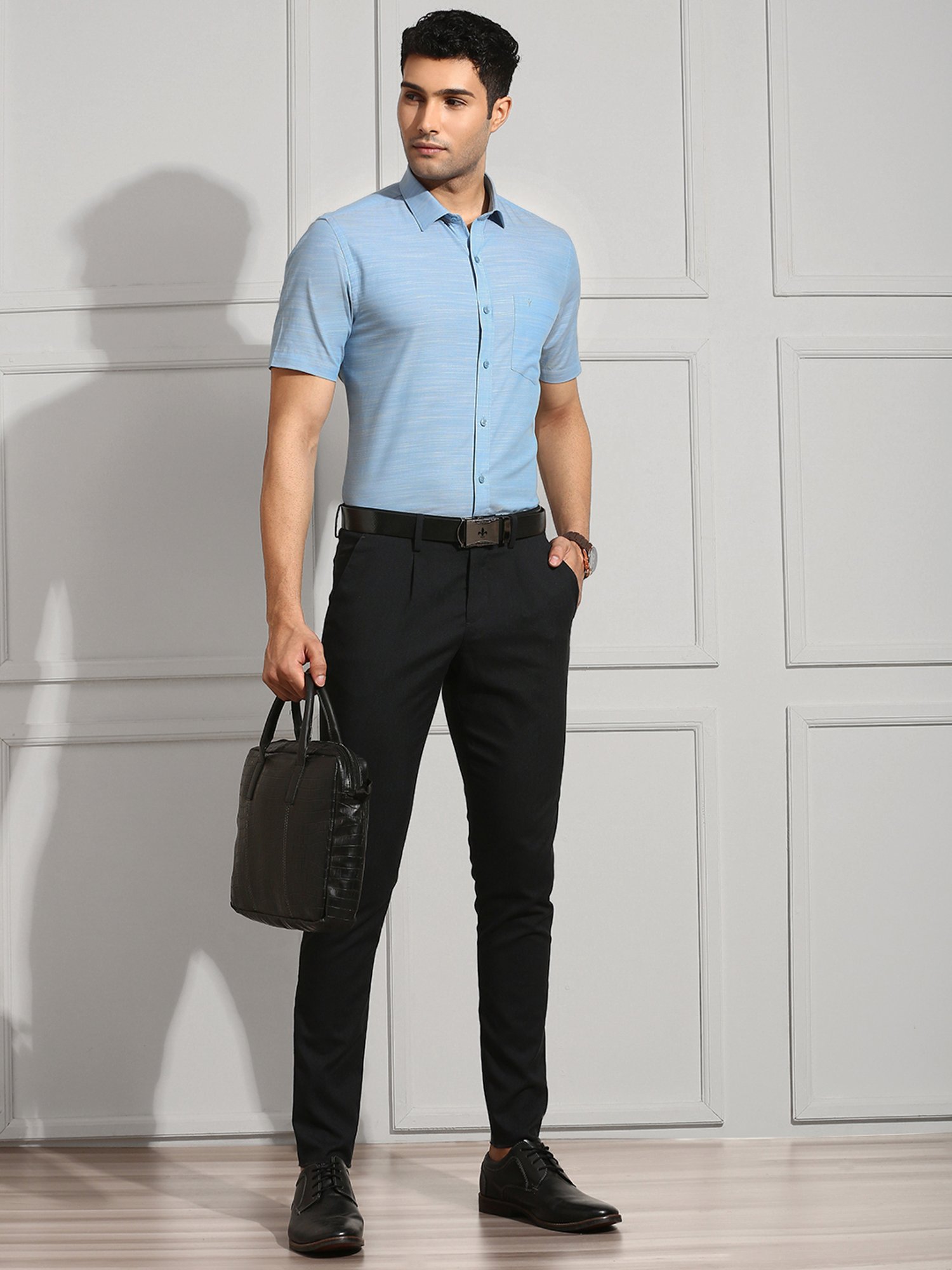 Ramraj Sky Blue Regular Fit Textured Cotton Shirt