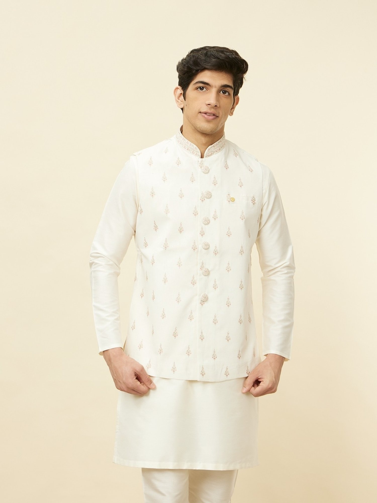 Manyavar Warm White Regular Fit Self Pattern Nehru Jacket