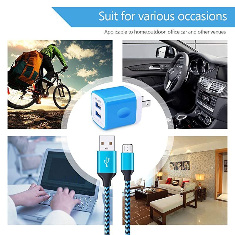 USB Wall Charger Box, USB Brick S7/S6 Edge Fast Charger, Charger Adapter Plug for Samsung Galaxy J7/J8/J6 Cord with Charger Cube Dual Port & 6 Ft USB Cable Android Phone, HTC, LG Stylo