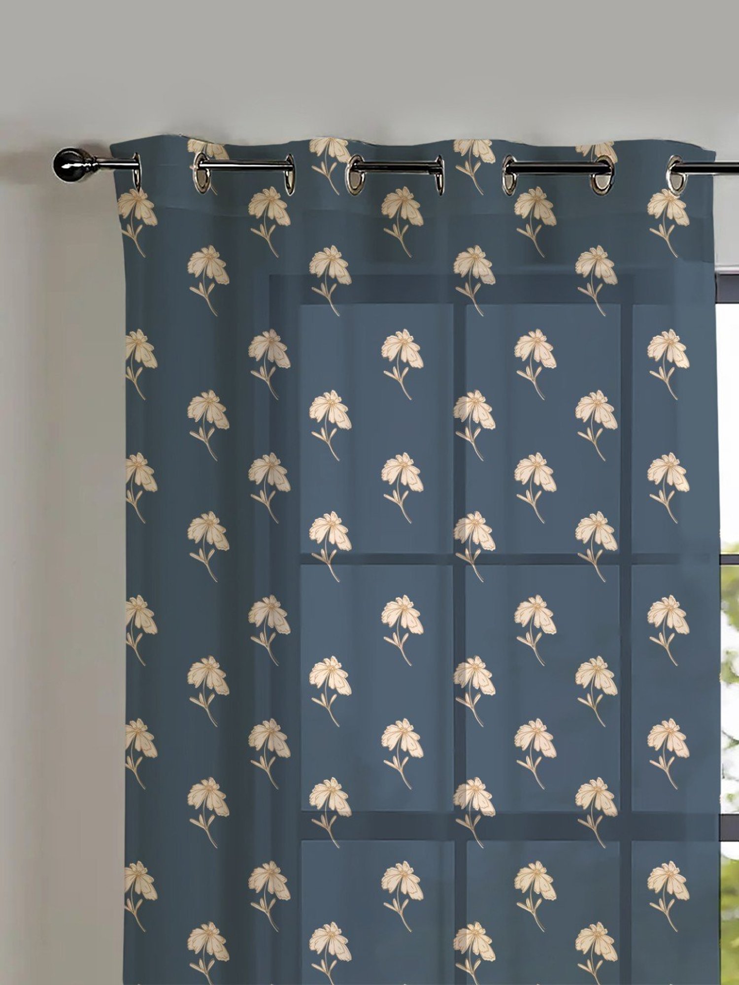 SPACES DRAPE STORY Boho Floral Blue Polyester 5 ft Sheer Window Curtains - Set of 2