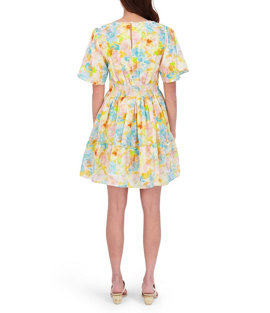 Roller Rabbit Sandria Cecilia V-Neck Flounce Short Sleeve Watercolor Pattern Print Dress