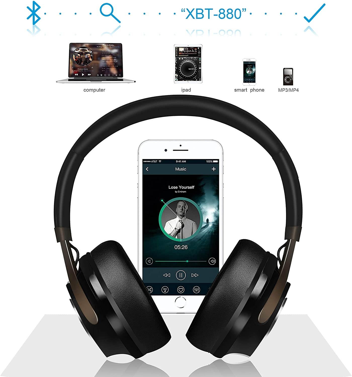 Bluetooth Headphones Riwbox XBT-880 Wireless Bluetooth Headphones Over Ear with Microphone and Volume Control Wireless and Wired Foldable Headset for iPhone/iPad/PC/Cell Phones/TV (Black&Grey)