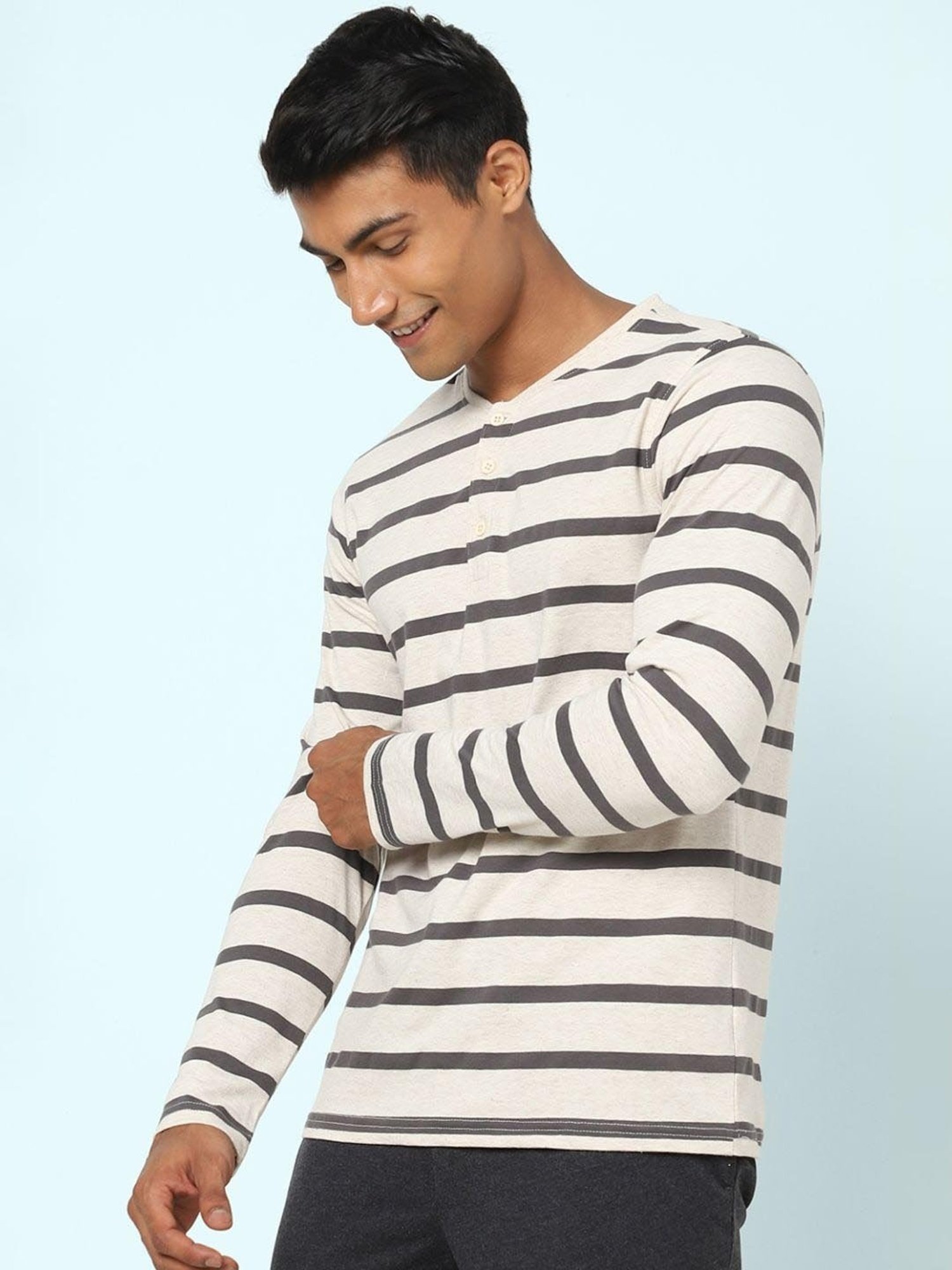 Ajile by Pantaloons Oat Melange Cotton Slim Fit Striped Lounge T-Shirt