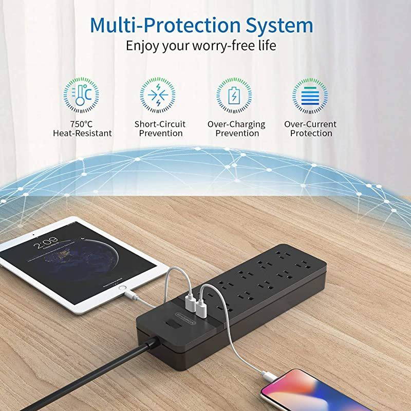 Surge Protector Power Strip,  10 Outlet Power Strip with 2 USB, Power Strip Flat Plug, 5ft Heavy-Duty Extension Cord, 15A Circuit Breaker, ETL Listed, Wall Mount for Home and Office, Black
