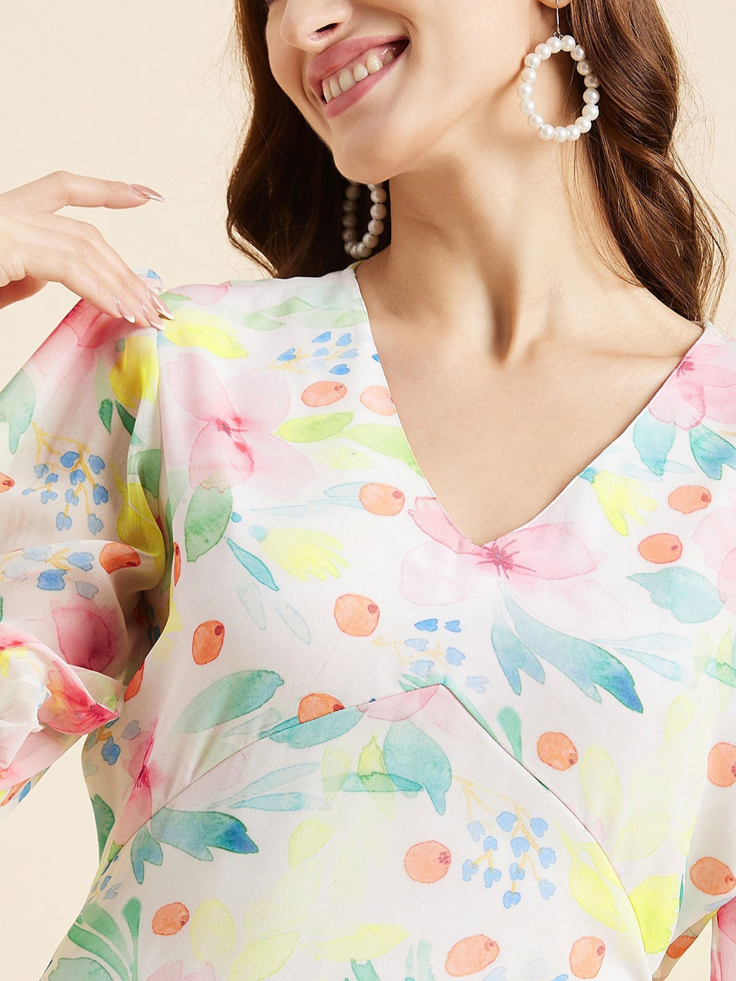 PANIT White Floral Print Ethnic Dress