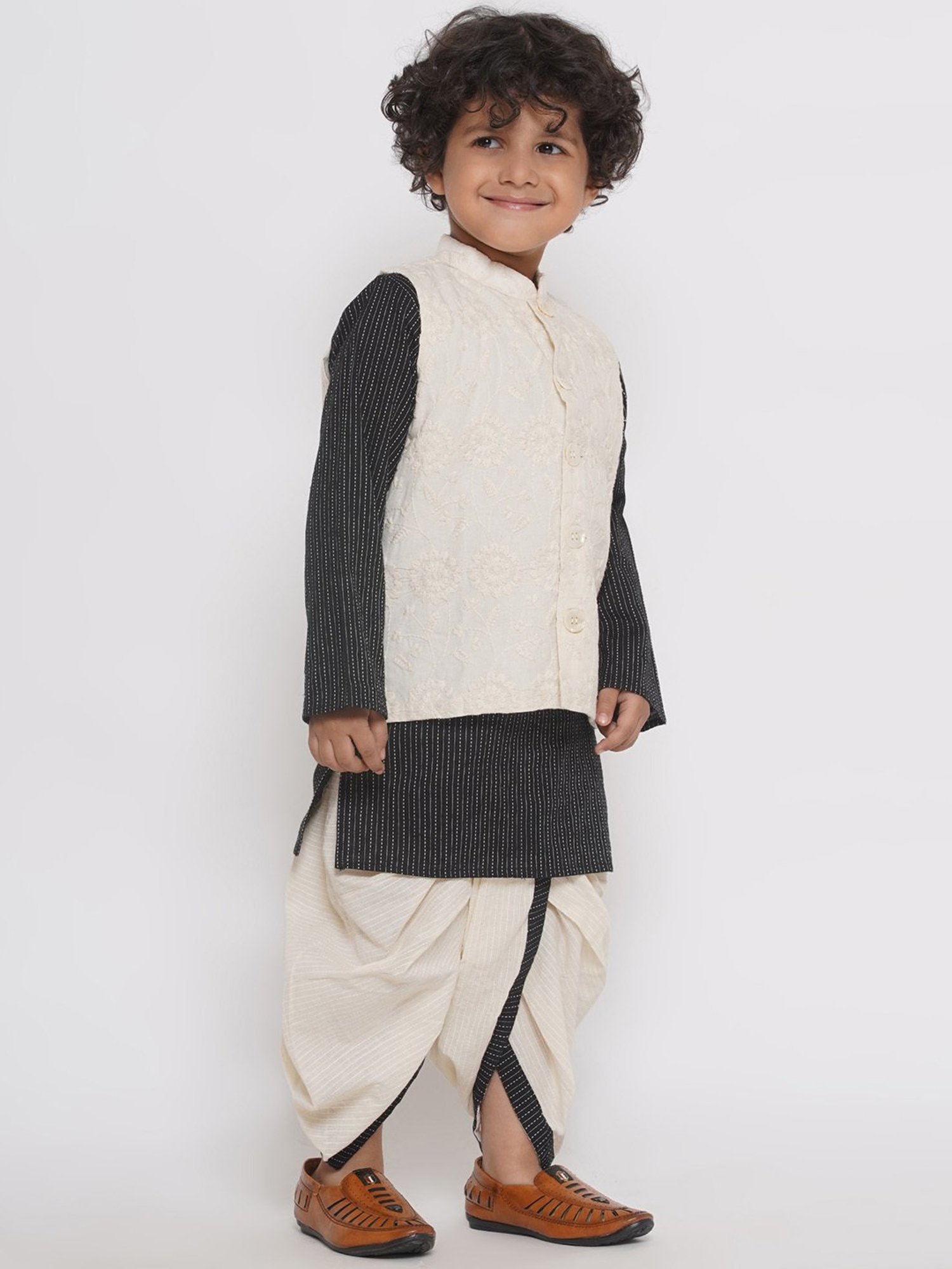 Little Bansi Kids Black & White Embroidered Kurta, Jacket with Dhoti