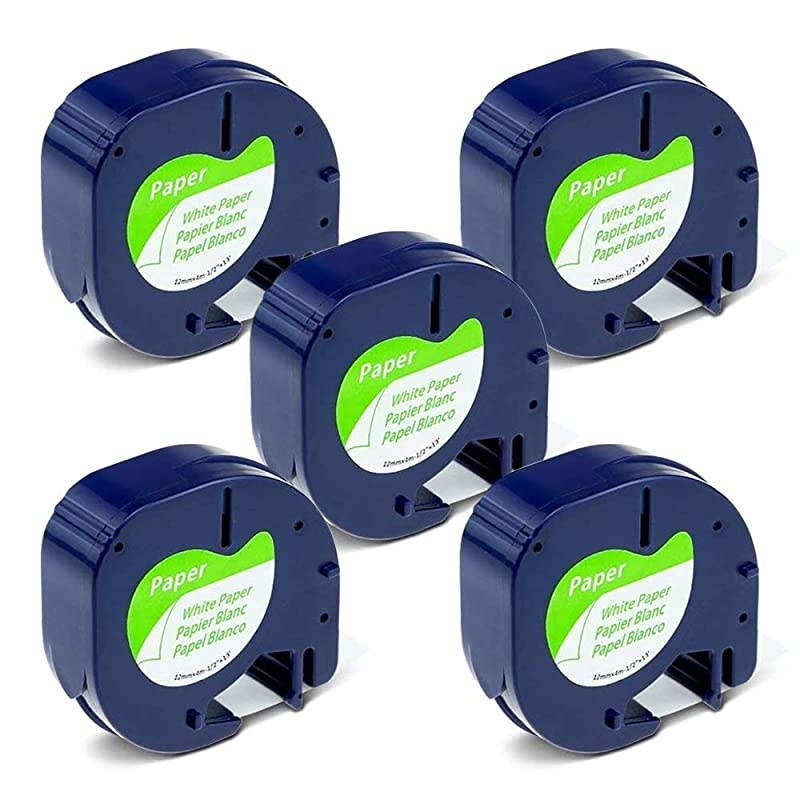 Compatible Label Tape Replacement for DYMO LetraTag Refills 91330 10697 Paper LT Label Tape Work for DYMO LetraTag LT-100H LT-100T QX50 Label Maker, Black on White, 1/2 Inch x 13 Feet, 5-Pack