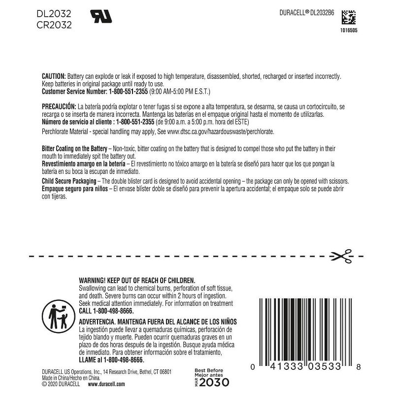 Duracell 2032 Batteries Lithium Coin Button - 6 Pack - Specialty Battery w/ Bitterant Technology