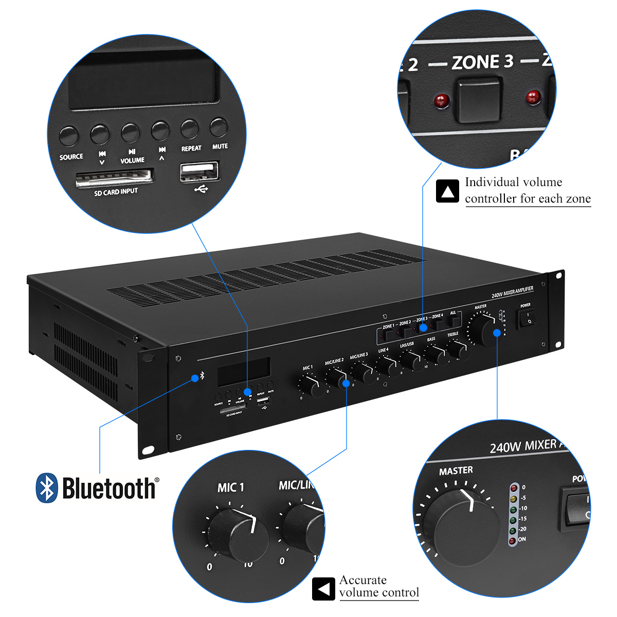 CAMPOTECH Professional Audio Wireless Power Amplifier at 8-16O Mixer Amplifier Mulit-Channel Rack Mount Bridgeable, LED Indicators, Shockproof Binding Posts