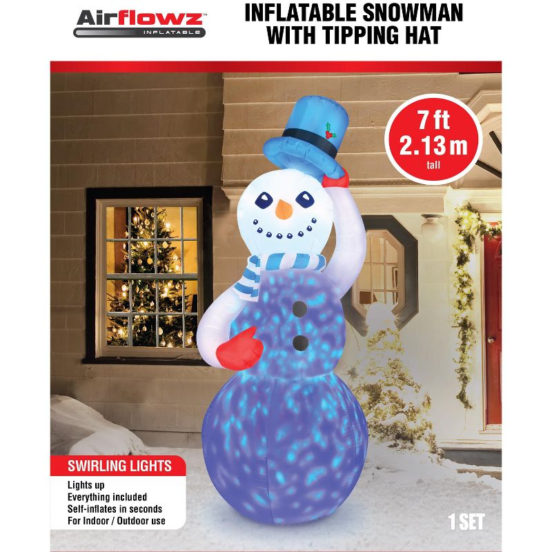 Occasions 7' Inflatable Swirling Lights Snowman With Tipping Hat, 7 ft Tall, Multicolored