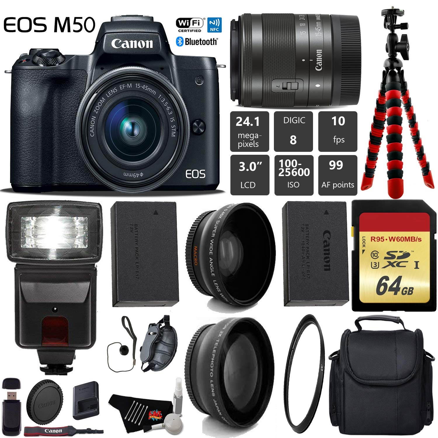 Canon EOS M50 Mirrorless Digital Camera with 15-45mm Lens + Flash + UV FLD CPL Filter Kit + Wide Angle & Telephoto Lens + Camera Case + Tripod + Card Reader - International Version