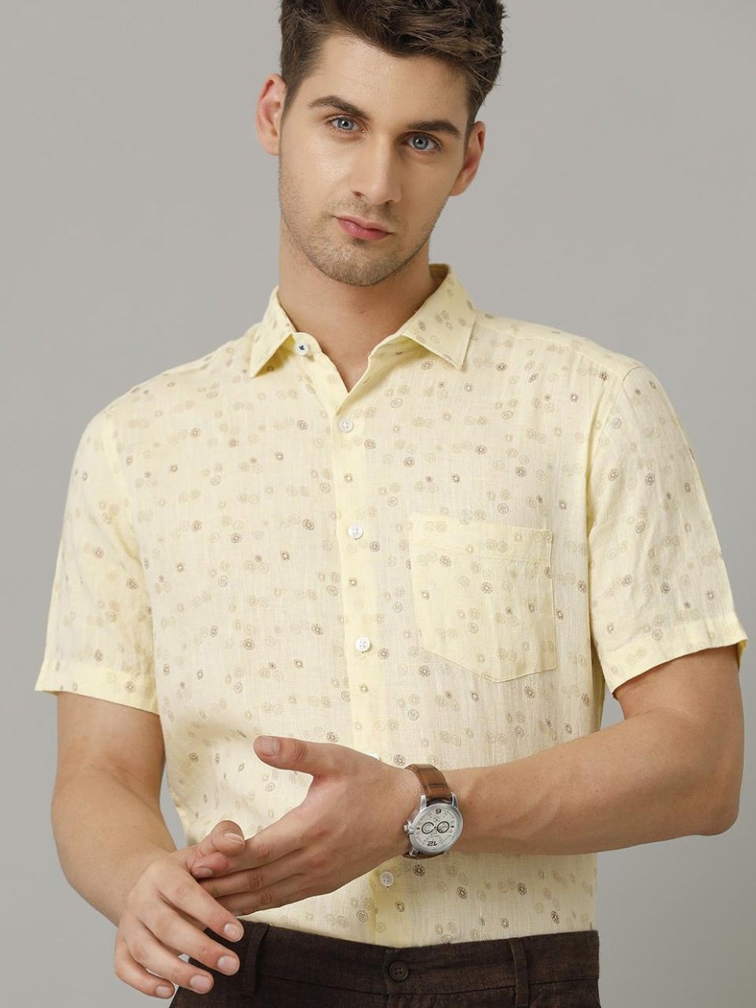 Linen Club Yellow Linen Contemporary Fit Printed Shirt