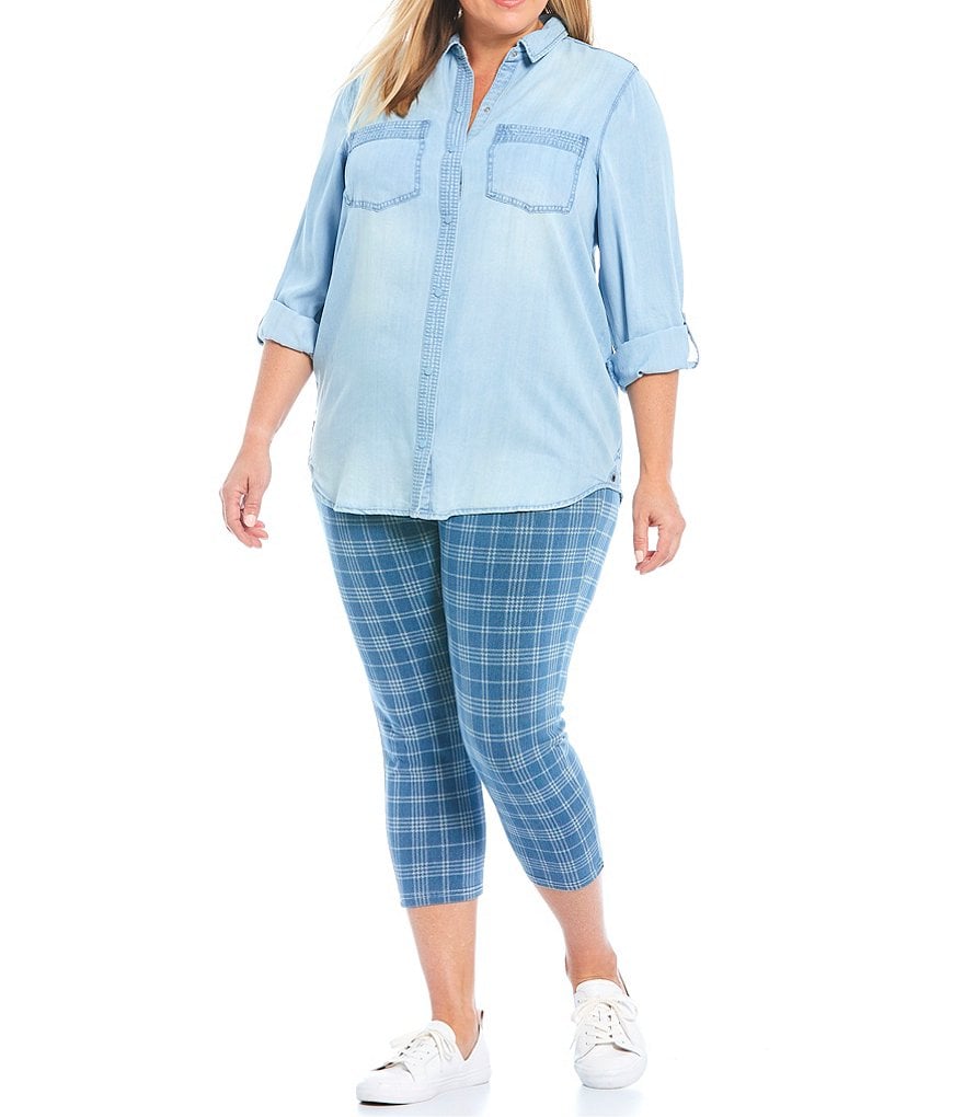Intro Plus Size Teri Love The Fit Plaid Indigo Knit Twill Capri Pull-On Leggings