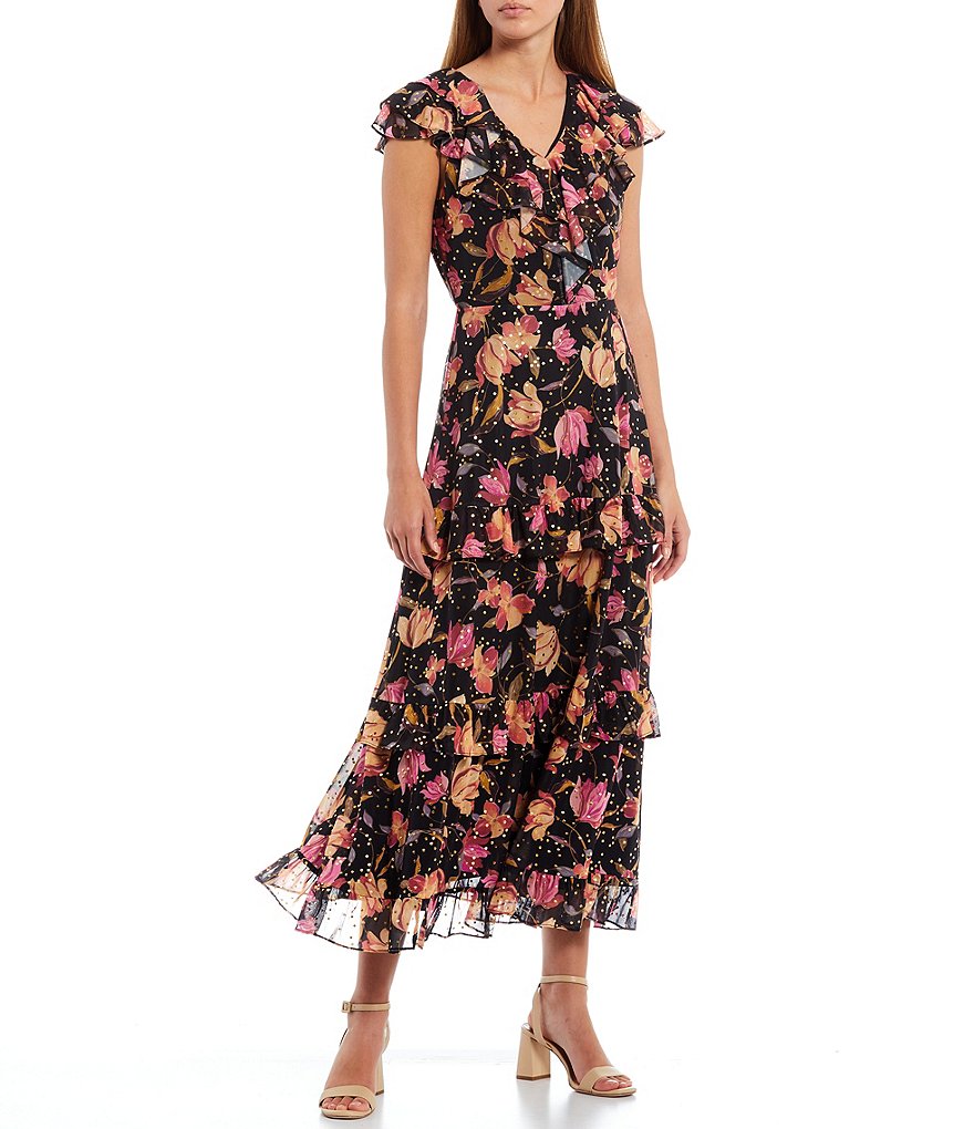 Tahari ASL Floral Cascading Ruffle Maxi Dress