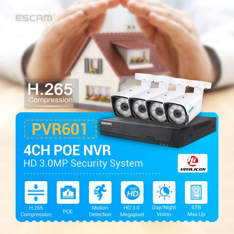 ESCAM PVR601 3MP POE 4CH PVR Camera Kit Surveillance Camera System without Humanoid Detection