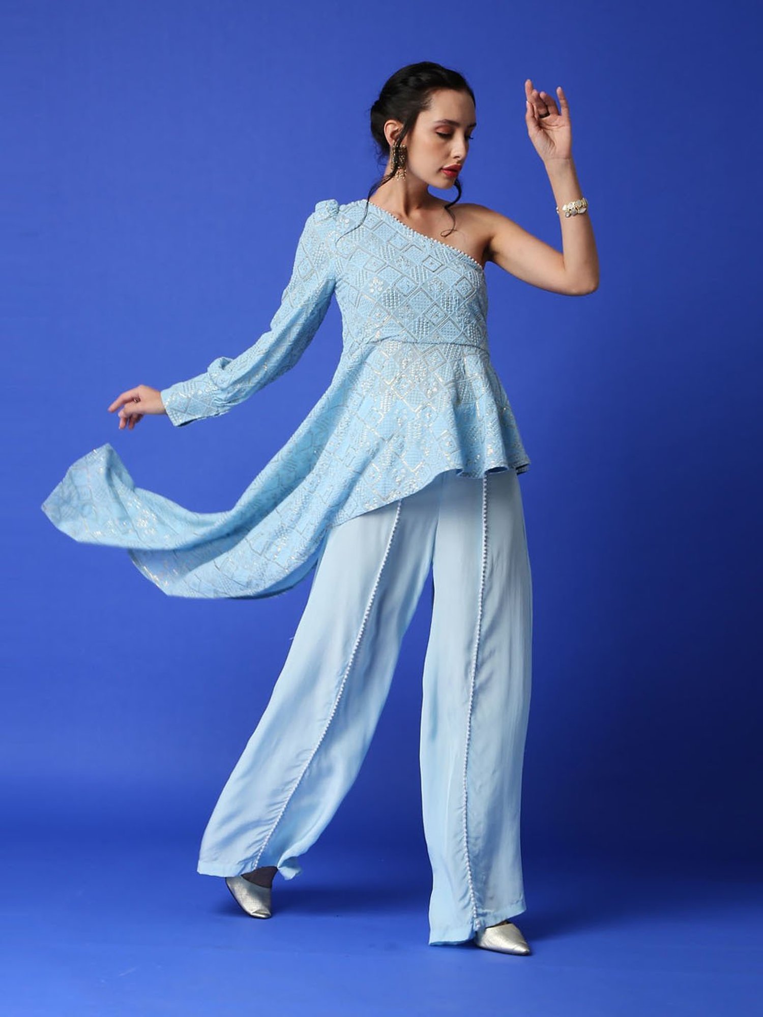 Monk and Mei Zeenat Chikankari Top & Palazzo Pants- Ice Blue