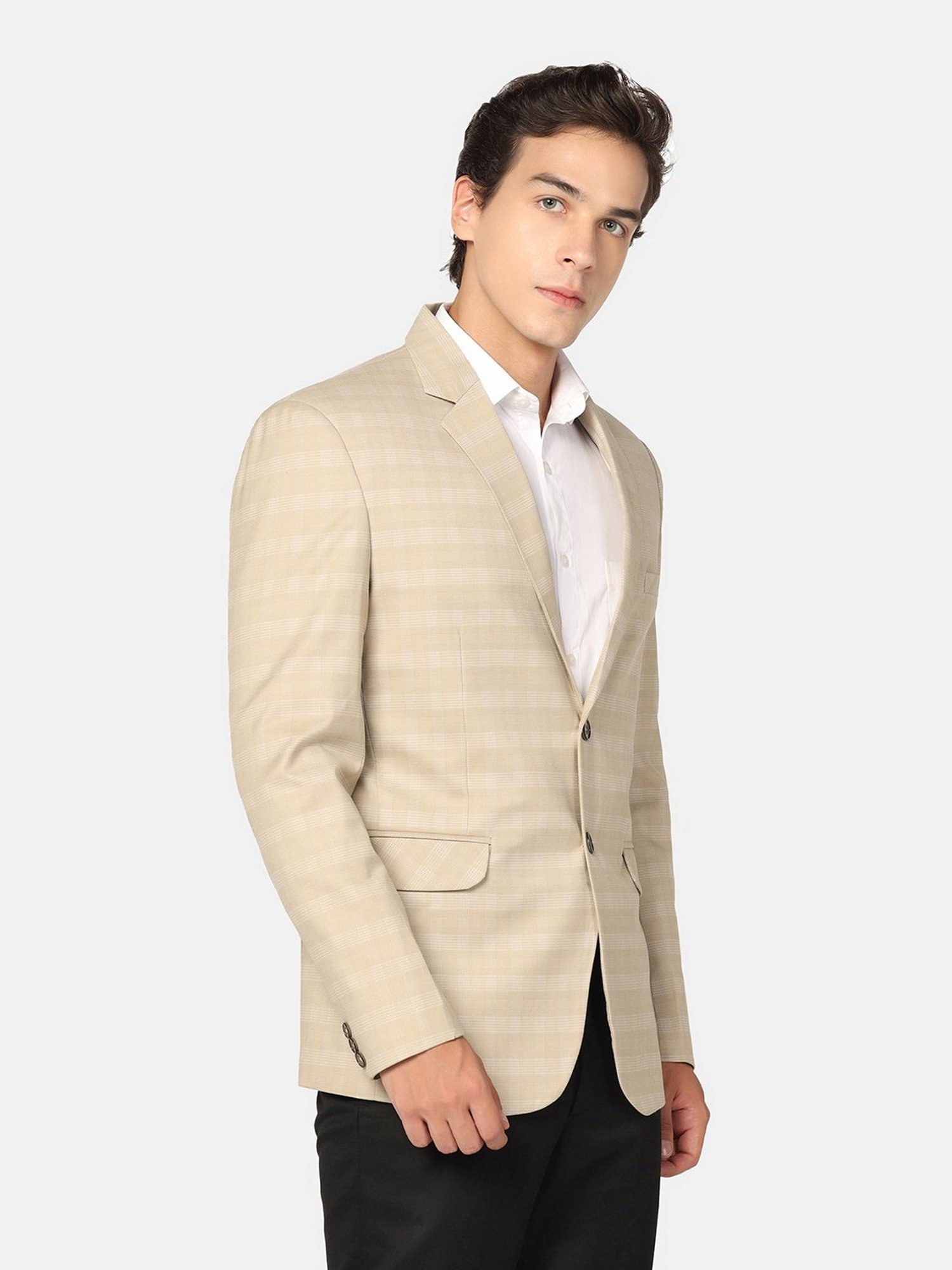 TAHVO Beige Slim Fit Check Blazer
