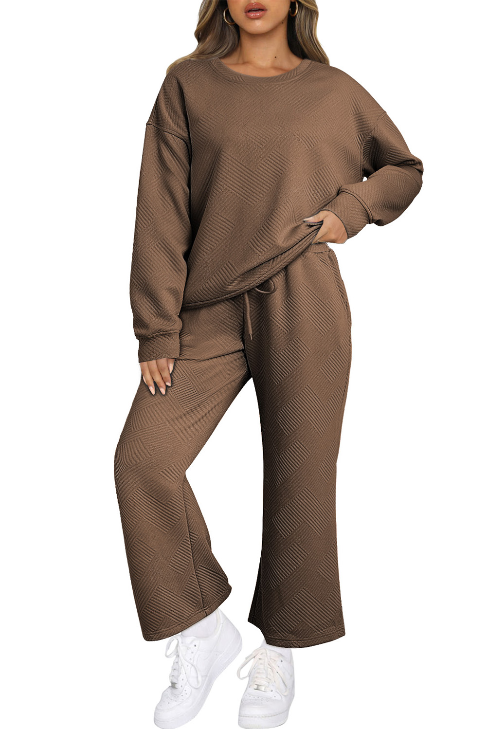 Dark Brown Textured Loose Slouchy Long Sleeve Top and Pants Set