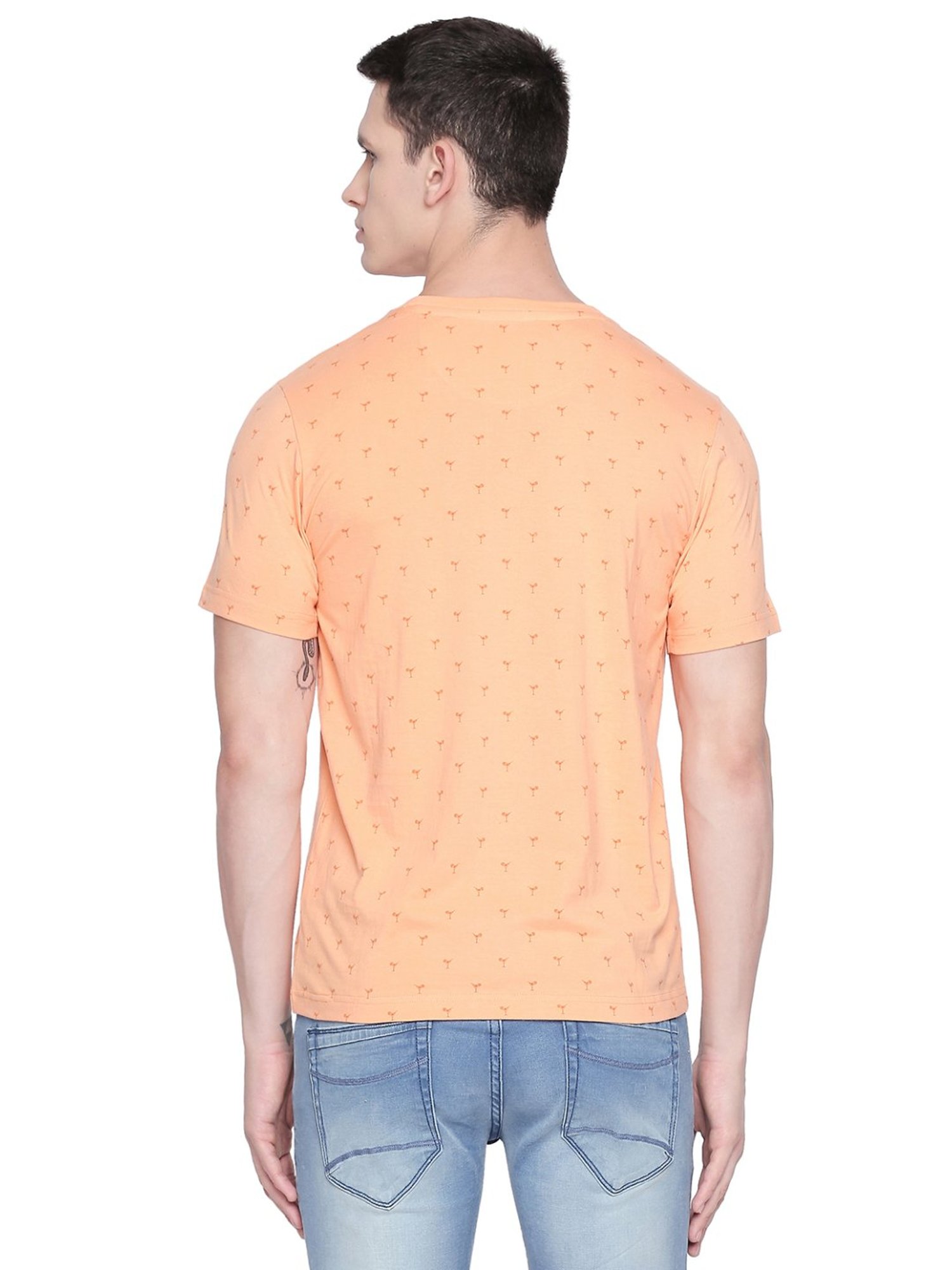 Basics Peach Cotton Slim Fit Printed T-Shirt